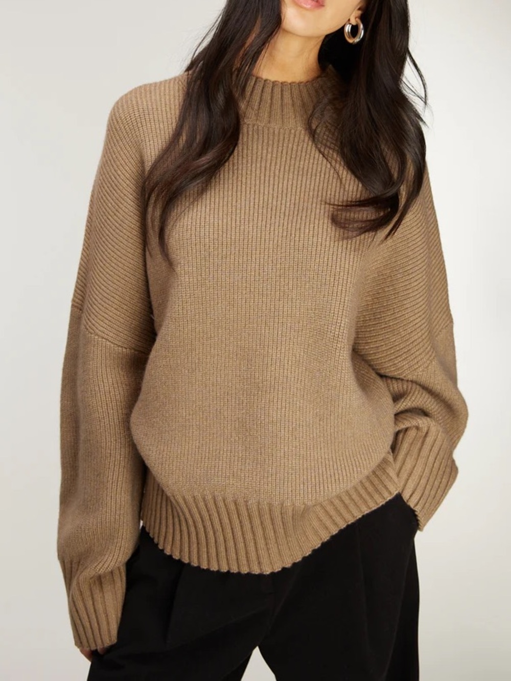 Oversized Rib-Knit Crewneck Sweater in Taupe